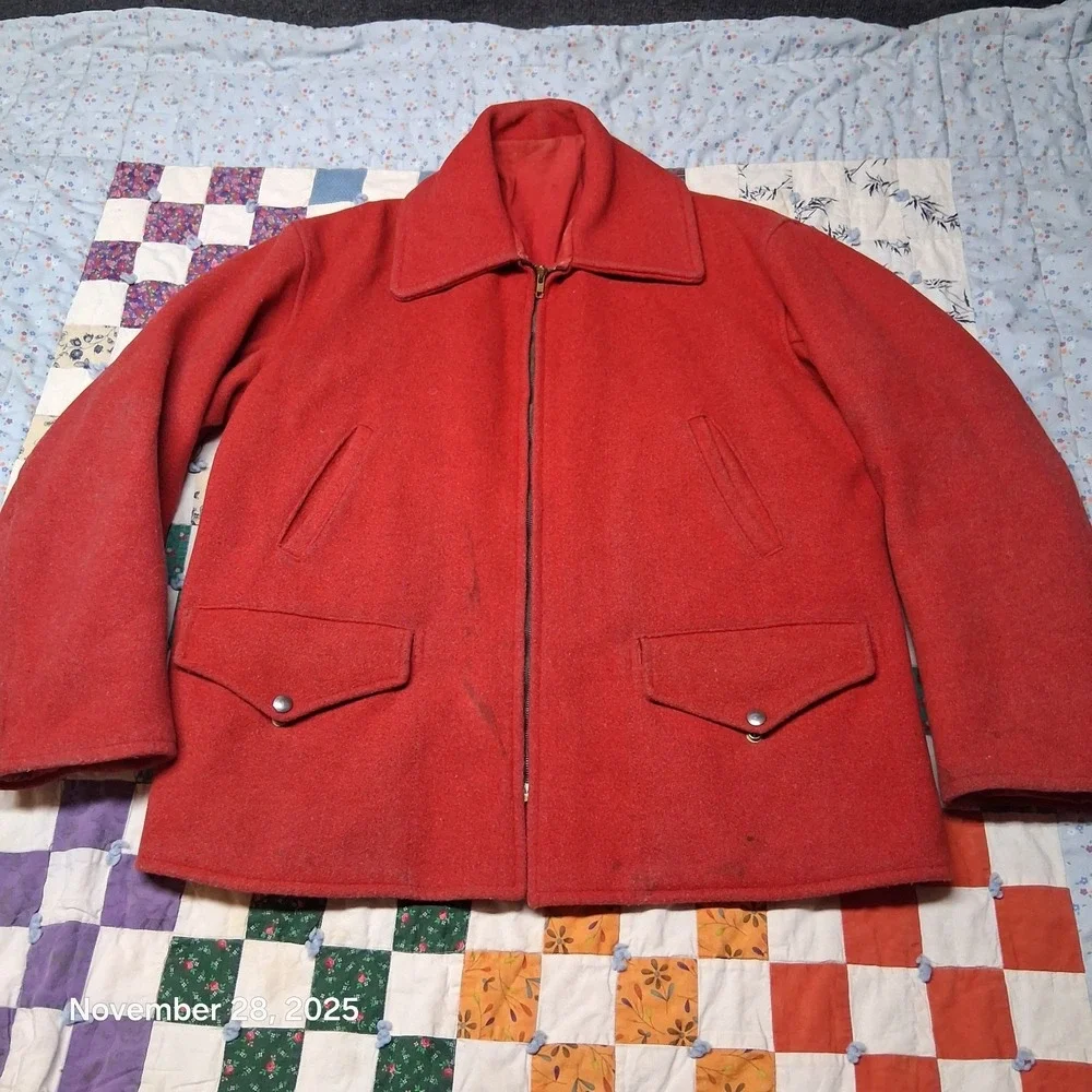 Vintage 1950s Red‎ Wool Hunting Coat Size XL Full Zip CROWN Zipper